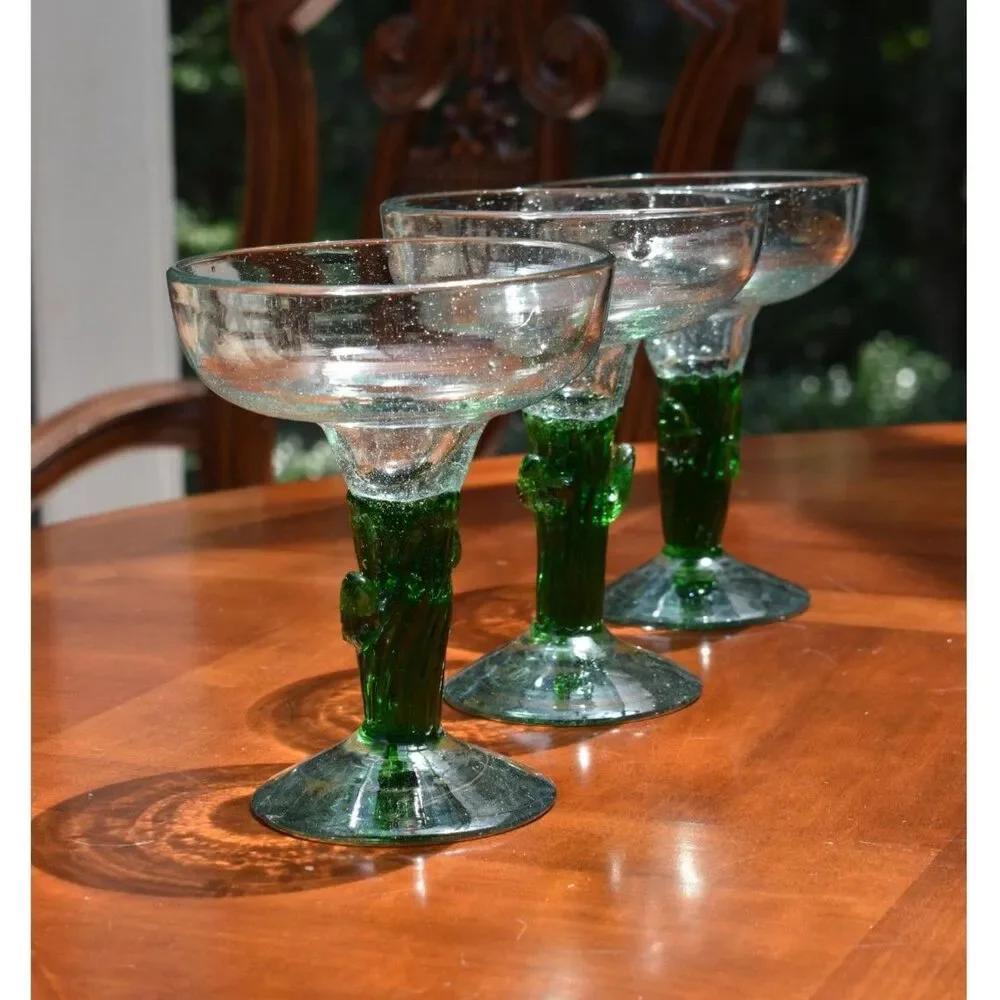 Set of 3 Mexican Hand Blown Cactus Stem Margarita Glasses Blown Heavy Barware